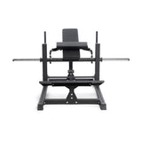 The Bells of Steel Hip Thrust Machine features a black padded bench, sturdy metal frame, barbell supports, and footrests. Ideal for enhanced workouts with resistance bands on a white background.