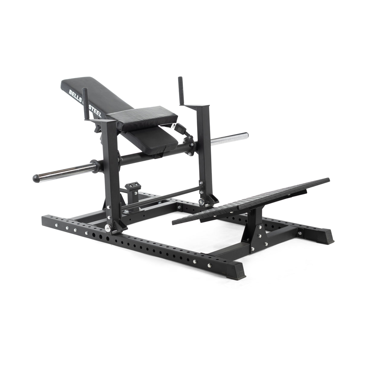 The Bells of Steel Hip Thrust Machine is a black reverse hyperextension workout machine with adjustable supports, padded areas for comfort, a sturdy metal frame, horizontal footrests, and compatibility with resistance bands for enhanced training.