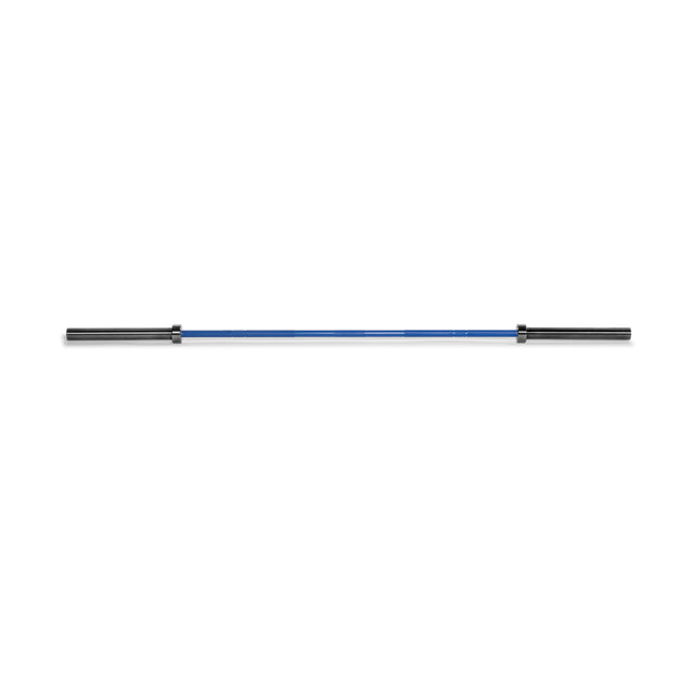 The Bells of Steel Multi-Purpose Olympic Barbell – The Utility Bar is centered on a white background, showcasing its blue and black design. Perfect for powerlifting, it has black grips on each end with a smooth middle section, ideal for enhancing your weightlifting routine.