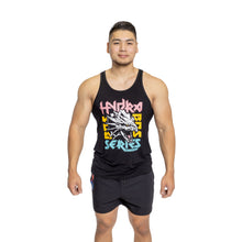 A man stands smiling against a white background, wearing Bells of Steel Bamboo Tank Tops featuring colorful graphic text and a dragon design, paired with black shorts, with his arms relaxed at his sides.