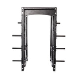 A black Bells of Steel Hydra Six Post Power Rack Builder (3" x 3", ⅝" Holes) stands on a white background, featuring multiple hooks, support bars, and modular Hydra rack attachments for versatile weightlifting with adjustable positions.