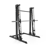 The Bells of Steel USA Smith Machine - Hydra (3" x 3", ⅝" holes) is a black adjustable squat stand with a horizontal barbell, safety rails, and multiple height settings for weightlifting and strength training.