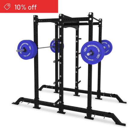 A black Hydra 2-Sided Rack by Bells of Steel is shown with blue Bells of Steel weight plates on a barbell. A red "10% off" banner appears in the top left. Ideal for home gyms, all displayed on a clean white background.