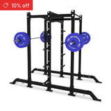 The Bells of Steel Hydra 2-Sided Rack, shown in black with a loaded barbell and blue weight plates, features adjustable height settings and sturdy base supports. A red corner label shows "10% off." Perfect for any home gym.