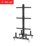 The Bells of Steel Hydra Bumper Plate Tree Builder is a vertical black storage rack with multiple horizontal pegs and wheels for easy mobility. A red "10% off" banner appears in the top left corner.