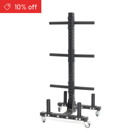 The Bells of Steel Hydra Bumper Plate Tree Builder is a vertical black storage rack with multiple horizontal pegs and wheels for easy mobility. A red "10% off" banner appears in the top left corner.