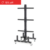 The Bells of Steel Hydra Bumper Plate Tree Builder features a modular rack with multiple horizontal pegs and wheels for easy home gym storage. A red "10% off" banner appears in the top left corner.