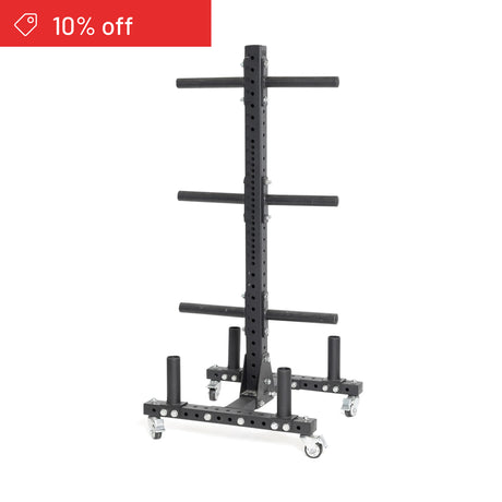The Bells of Steel Hydra Bumper Plate Tree Builder features a modular rack with multiple horizontal pegs and wheels for easy home gym storage. A red "10% off" banner appears in the top left corner.