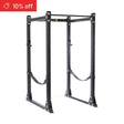 The Bells of Steel Hydra Flat Foot Power Rack Builder (3" x 3", ⅝" holes) features adjustable holes and safety straps in black, ideal for home gyms. A red banner on the top left shows "10% off" against a plain white background.