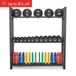 The Bells of Steel Hydra Storage Builder is a modular metal gym rack that holds medicine balls, dumbbells, and colorful weight plates. A red banner in the corner shows "Up to 15% off." Ideal for customizable home gym storage solutions.