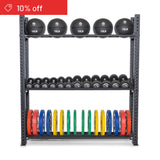 The Bells of Steel Hydra Storage Builder neatly holds medicine balls, dumbbells, and weight plates on three shelves. Ideal for home gyms. A red banner in the top left corner displays "10% off.