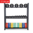 The Bells of Steel Hydra Storage Builder is a modular storage solution perfect for home gyms, organizing medicine balls on top, dumbbells in the middle, and bright weight plates below. A red "10% off" banner sits in the top left corner.