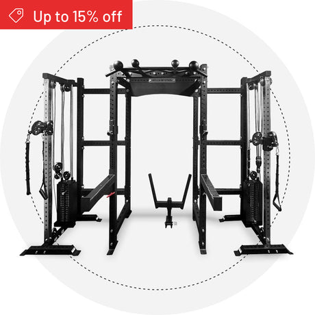 The Bells of Steel USA Hydra Trident Station multifunctional home gym, with attachments and cables, is shown on a white background. A red banner at the top left corner says “Up to 15% off.”.