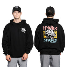 A man wears a black Bells of Steel Bamboo Hoodie and gray shorts, shown from front and back. The hoodie displays a dragon graphic on the chest and a large, colorful "HYDRA BASE SERIES" dragon design on the back.