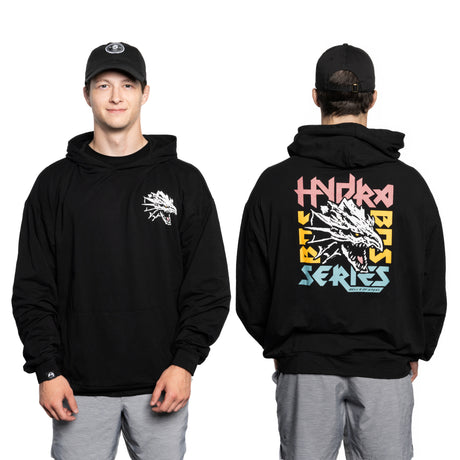 A man wears a black Bells of Steel Bamboo Hoodie and gray shorts, shown from front and back. The hoodie displays a dragon graphic on the chest and a large, colorful "HYDRA BASE SERIES" dragon design on the back.