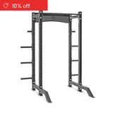 The Bells of Steel Hydra Collegiate Power Rack Builder features 3"x3" tubing, ⅝" holes for attachments, and storage pegs—ideal for any home gym. A red label in the top left corner says "10% off.