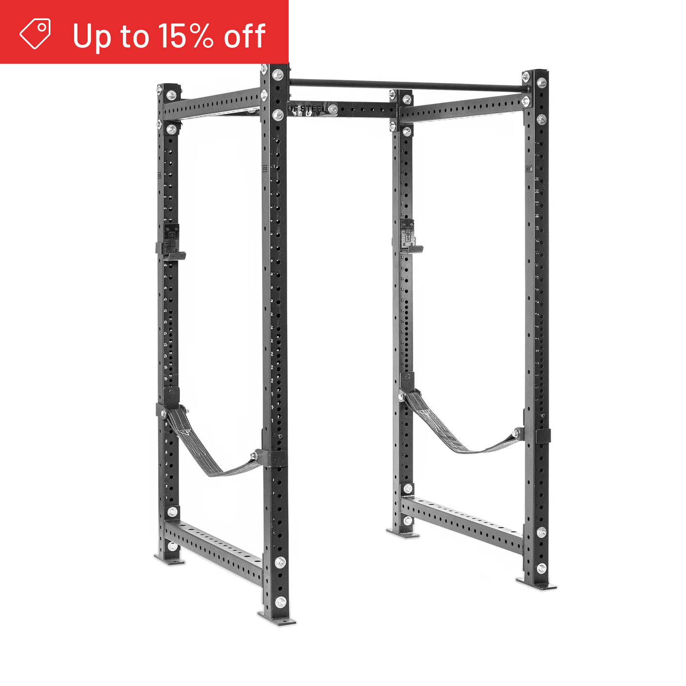 The Bells of Steel Hydra Four Post Power Rack Builder (3" x 3", ⅝" Holes) in black stands on a white background with adjustable safety straps. A red banner top left reads "Up to 15% off." Perfect for any home gym.