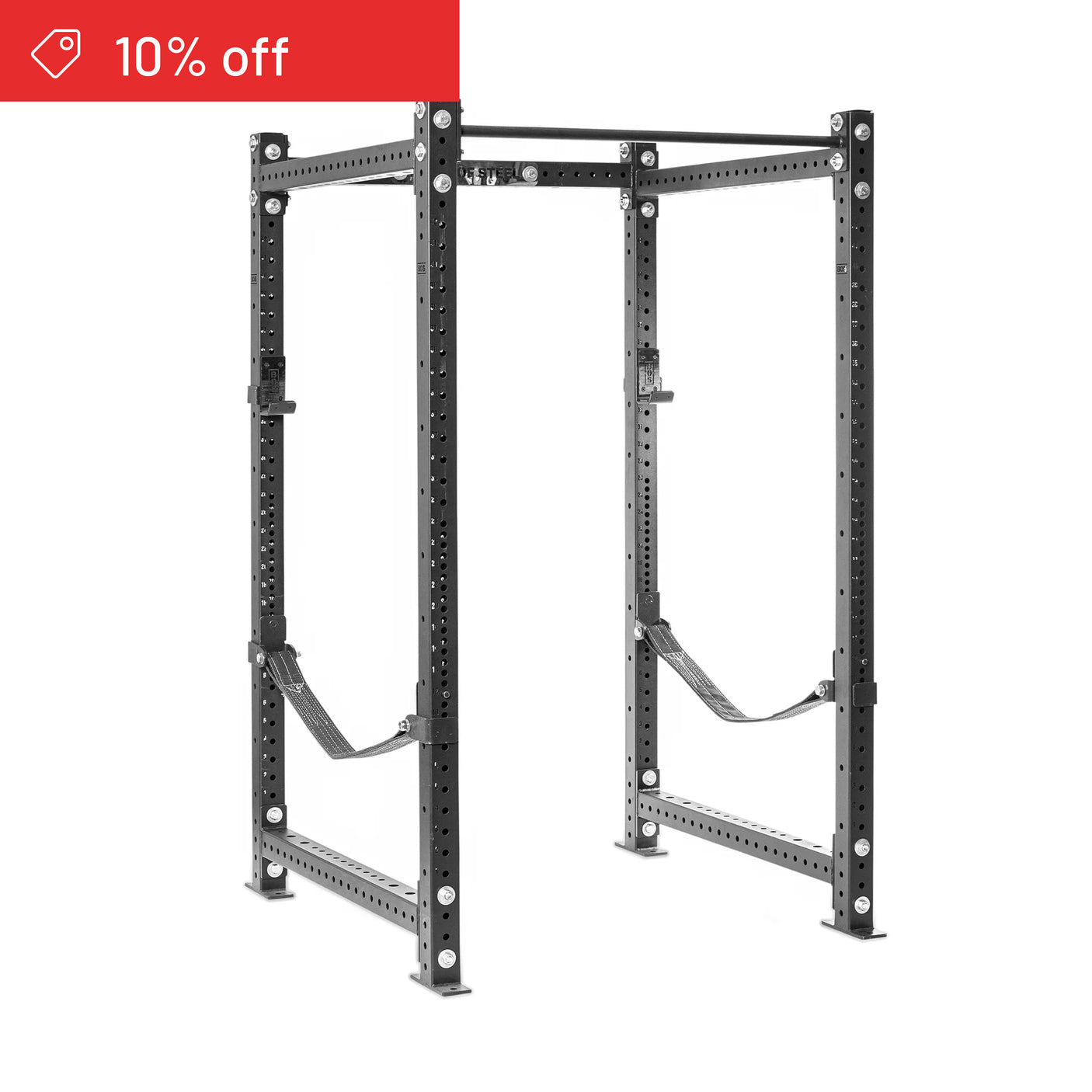 The Bells of Steel Hydra Four Post Power Rack Builder (3" x 3", ⅝" Holes) stands on a white background. A red banner at the top left shows “10% off” with a price tag icon, ideal for any home gym and weightlifting routines.