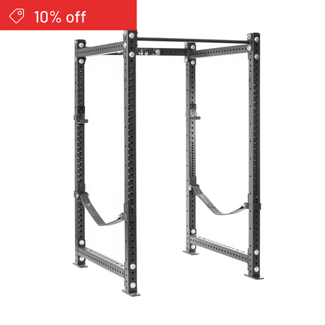 The Bells of Steel Hydra Four Post Power Rack Builder (3" x 3", ⅝" Holes) stands on a white background. A red banner at the top left shows “10% off” with a price tag icon, ideal for any home gym and weightlifting routines.