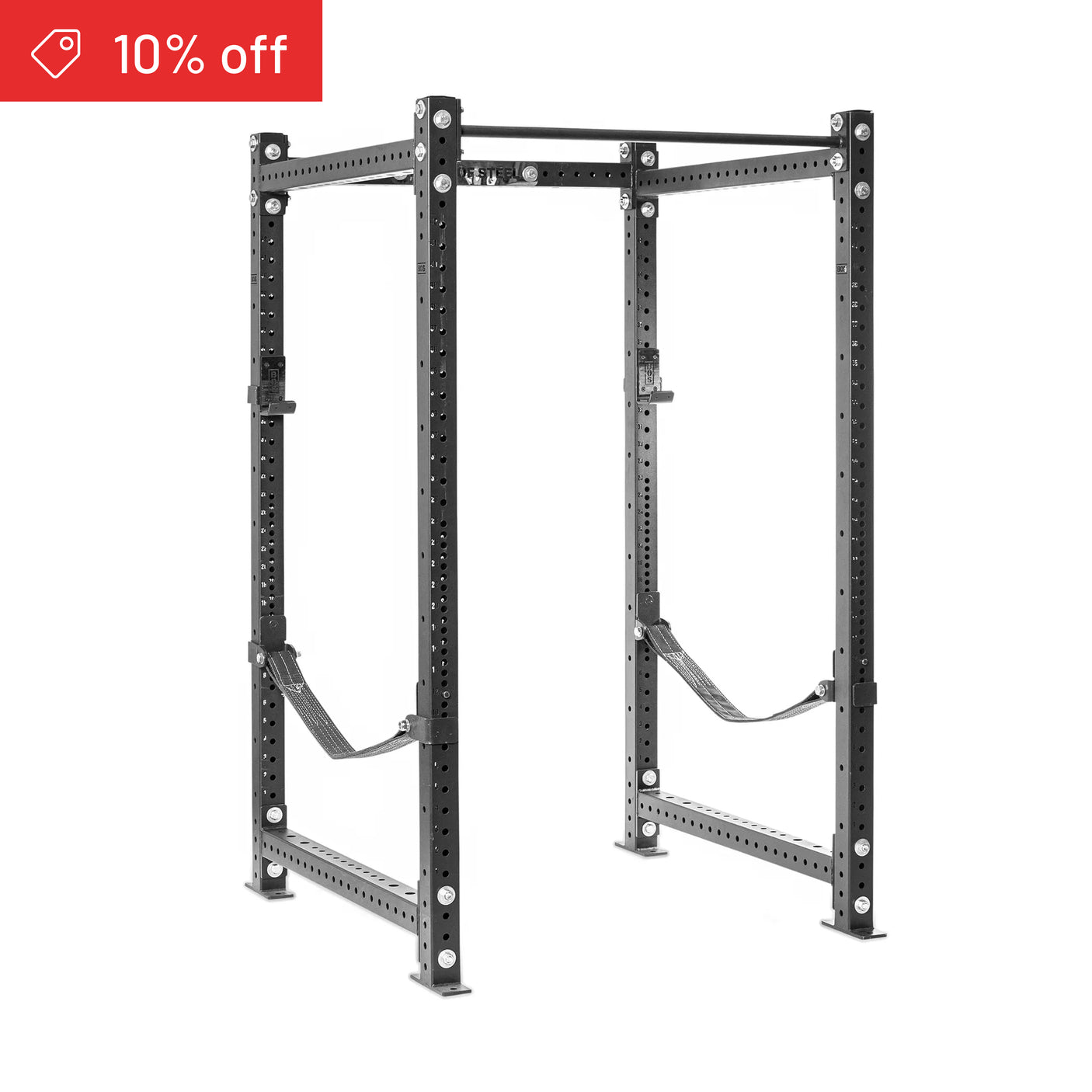 The Bells of Steel Hydra Four Post Power Rack Builder (3" x 3", ⅝" Holes) is a black metal rack for weightlifting, ideal for any home gym with safety straps, multiple adjustment holes, and a red "10% off" tag in the top left corner.