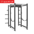 The Bells of Steel Hydra Six Post Power Rack Builder (3" x 3", ⅝" holes) offers adjustable bars and plate storage, perfect for weightlifting in a modular home gym. A red banner states "Up to 15% off.