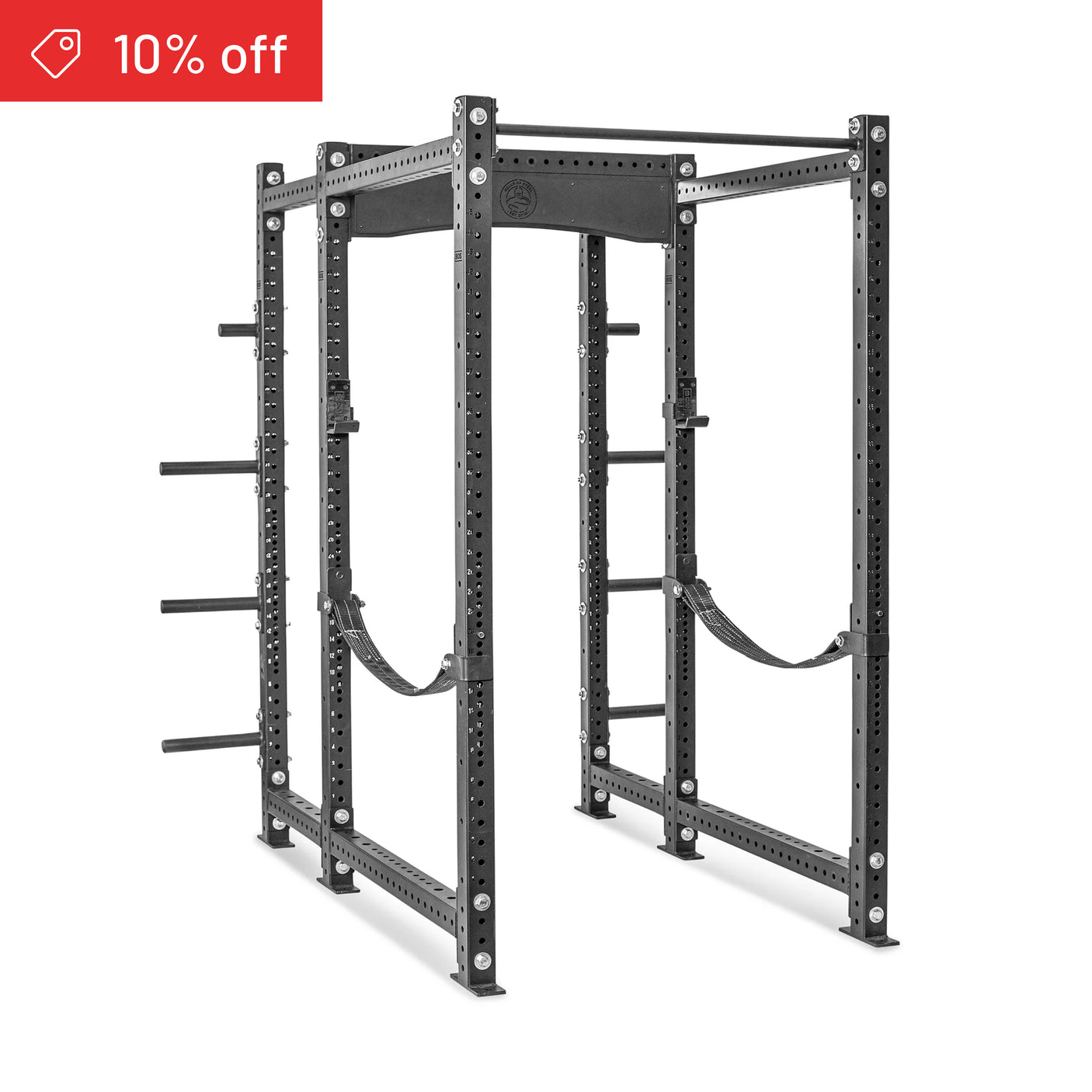 The Bells of Steel Hydra Six Post Power Rack Builder (3" x 3", ⅝" holes) is a durable black metal weightlifting rack with multiple attachment holes and safety straps, ideal for a home gym. Shown on white background with “10% off” red banner.