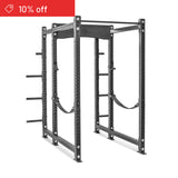 The Bells of Steel Hydra Six Post Power Rack Builder (3" x 3", ⅝" holes) features adjustable barbell positions and safety straps. A red “10% off” banner appears in the top left. Perfect for home gym weightlifting and strength training.
