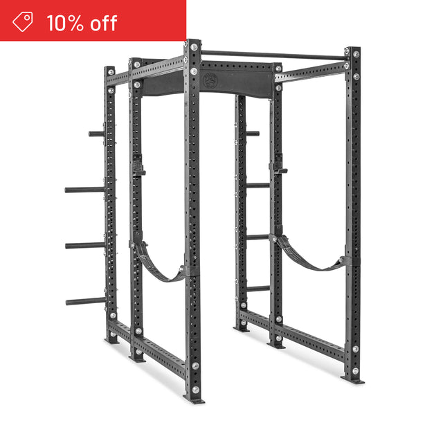 The Bells of Steel Hydra Six Post Power Rack Builder (3" x 3", ⅝" holes) features adjustable barbell positions and safety straps. A red “10% off” banner appears in the top left. Perfect for home gym weightlifting and strength training.