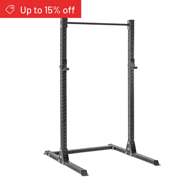 A Bells of Steel Hydra Squat Stand Builder (3" x 3", ⅝" Holes) stands on a white background. A red banner in the top left reads "Up to 15% off." Ideal for any home gym setup.