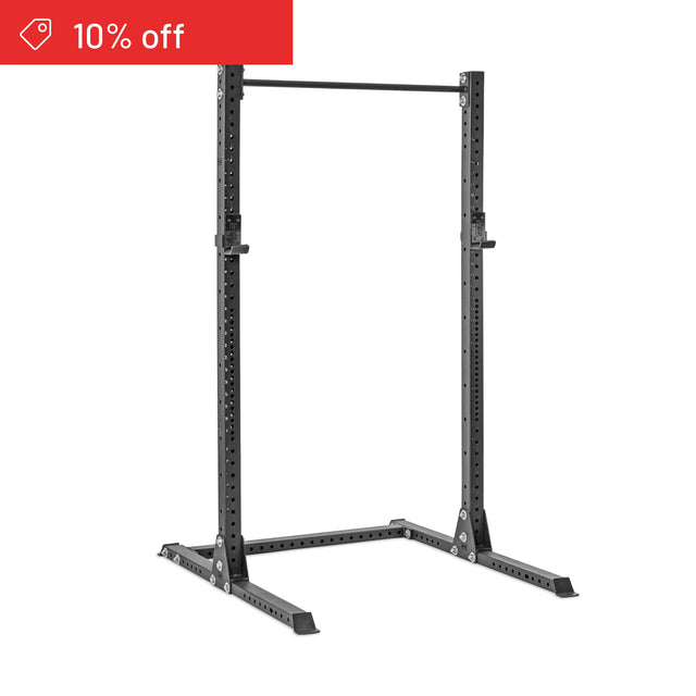The Bells of Steel Hydra Squat Stand Builder (3" x 3", ⅝" holes) in black metal features adjustable bar supports, perfect for any home gym. A red banner on the image's top left reads “10% off” and includes a price tag icon.