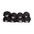 Seven black Bells of Steel Fitness Sandbag Sets, each labeled with weights from 50 to 400 lbs, are arranged in two rows against a white background, highlighting their durable construction—ideal for intense workouts.
