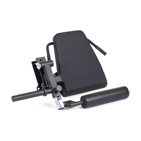 The Bells of Steel Leg Curl / Leg Extension Rack Attachment features a padded black design with adjustable lever, rectangular backrest, and cylindrical leg pad—ideal for supporting your thigh during home gym or power rack workouts.