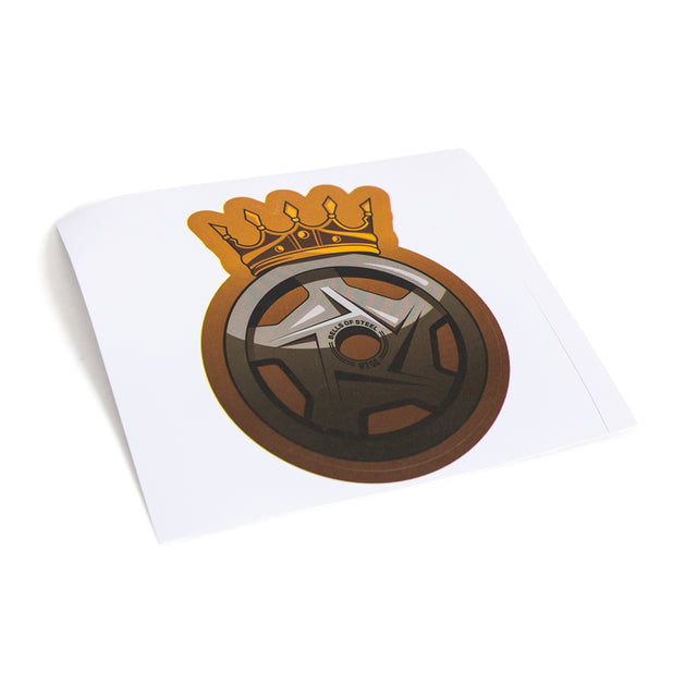 Bells of Steel Stickers feature a vinyl die-cut design with a stylized car wheel, topped with a gold crown on a white background.