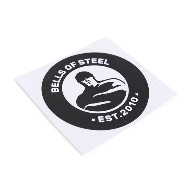 This Bells of Steel square vinyl die-cut sticker has a muscular figure above the "BELLS OF STEEL" text and "EST. 2010" in black and white on a white background, featuring durable vinyl and quality adhesive for lasting appeal.