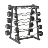 The Bells of Steel Fixed Barbells - Easy Curl feature round black weights on each end and are neatly organized on a sleek black metal rack with four tiers—making them ideal for keeping your home gym tidy and accessible.