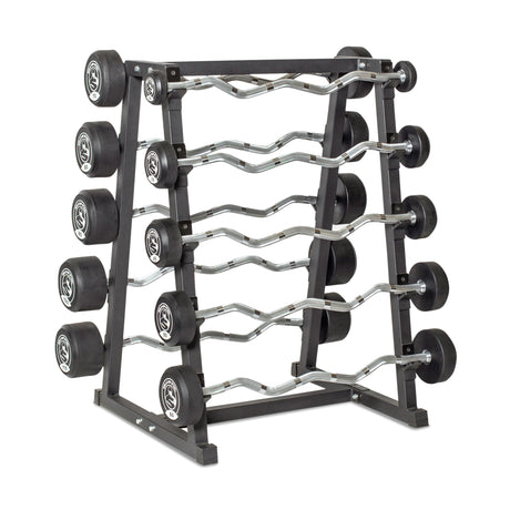 The Bells of Steel Fixed Barbells - Easy Curl feature round black weights on each end and are neatly organized on a sleek black metal rack with four tiers—making them ideal for keeping your home gym tidy and accessible.