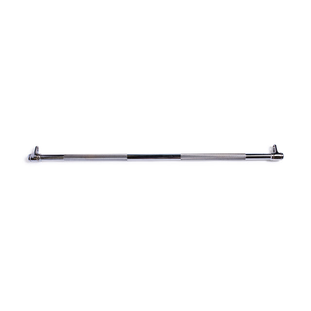 The Bells of Steel Double Hook Straight Bar Cable Attachment features textured grip sections and rotating ends, designed for cable machine strength training. Shown against a plain white background.