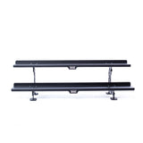 The Bells of Steel Commercial Interchangeable Weight Rack - Components Only features two black metal horizontal bars with central "SOS" logos on adjustable legs, ideal for competition kettlebell storage or as a swappable shelf.