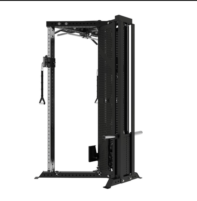 The Bells of Steel USA All-in-One Trainer (3" x 3") showcases a black and silver cable crossover machine with adjustable pulleys and weight stacks. Its robust metal frame and handles support diverse exercises, against a plain white backdrop.