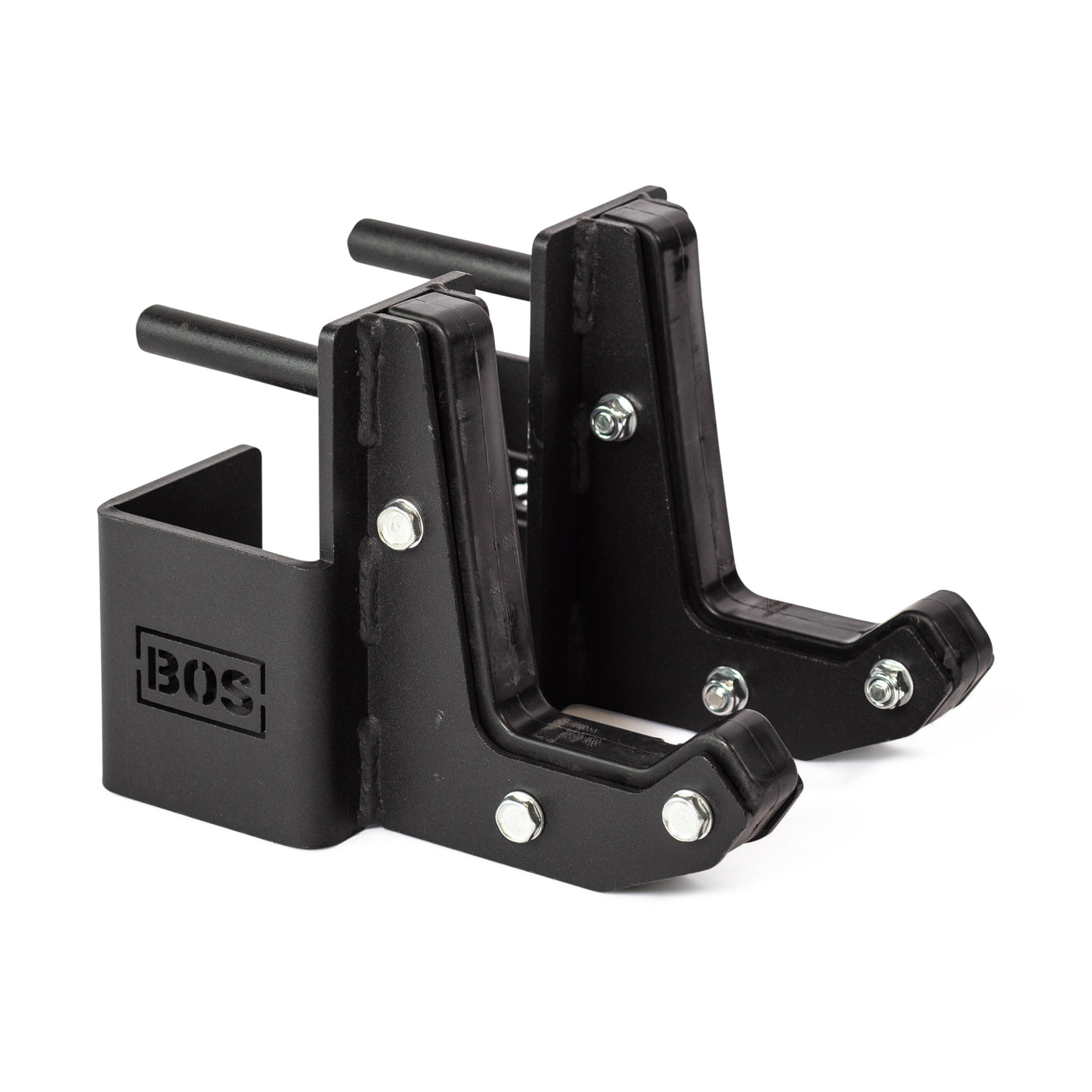 Two black metal Sandwich J-Cups by Bells of Steel, with bolts and "BOS" logo, designed as heavy-duty rack attachments for securely holding your safety squat bar on a squat rack.