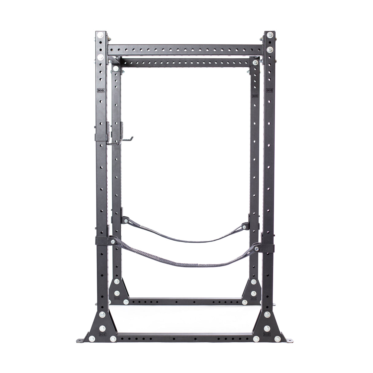 The Hydra Flat Foot Power Rack Builder by Bells of Steel features ⅝" holes for adjustable height settings, comes in black, includes safety straps and a sturdy base, and offers modular Hydra attachments for enhanced weightlifting exercises.