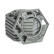 The Bells of Steel Fractional Iron Plates - 0.5 LB are stacked hexagonal plates with a central hole, textured gray finish, and feature "BELLS OF STEEL," numbers "5" and "10," plus a silhouette logo, suitable for Olympic barbells.