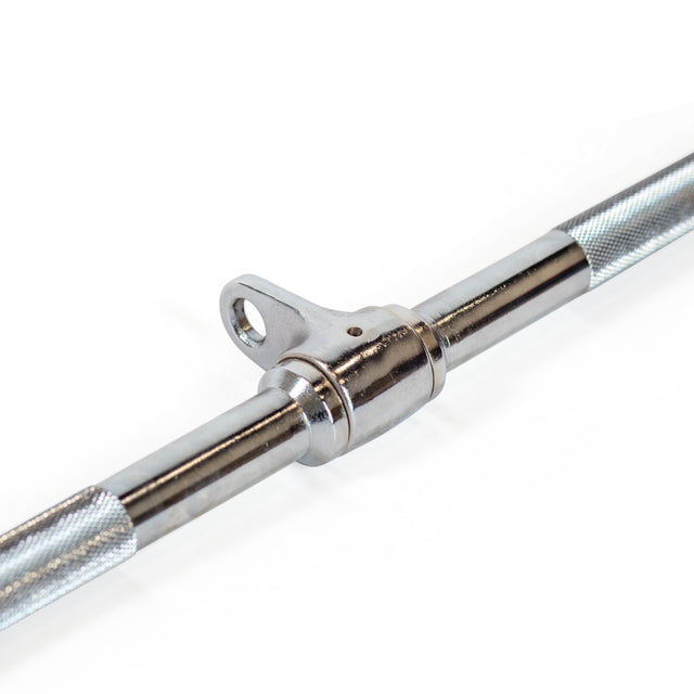 Close-up of the Bells of Steel Lat Pulldown Bar, showcasing its knurled grip and central loop for machine attachment. The polished chrome finish and rotating connection point reflect light, emphasizing its robust construction against a plain white background.