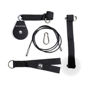 Displayed are a Bells of Steel Cable Pulley and black straps with D-rings for workout customization, arranged on a white background.