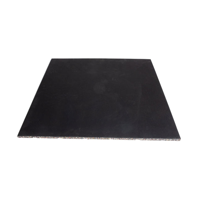 The 39" x 39" square, flat, black Rubber Flooring Gym Mat by Bells of Steel is crafted from recycled rubber with a textured surface. Ideal for weightlifting mats, its layered edges showcase mixed colors and eco-friendly origins while providing excellent sound dampening qualities.