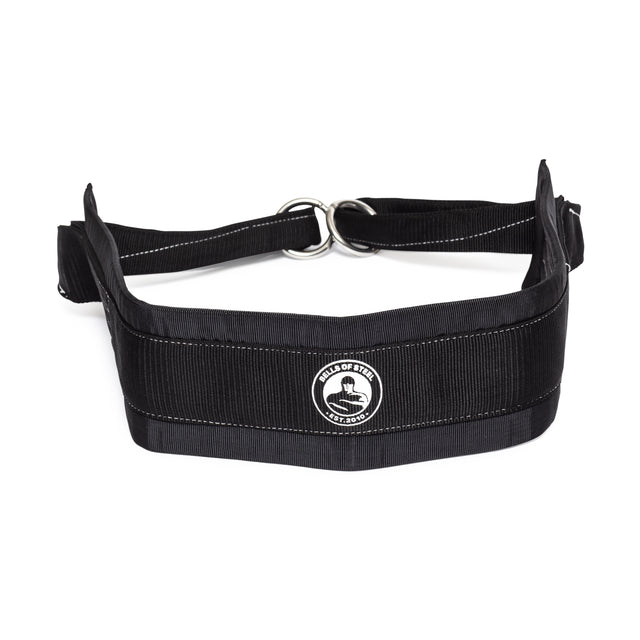 The Bells of Steel Belt Squat Belt is a black weightlifting belt with center logo, reinforced stitching, and dual metal D-rings for weights, ideal for enhancing full-body workouts.