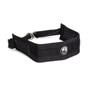 The Bells of Steel Belt Squat Belt is black with reinforced stitching, a metal D-ring, and an embroidered logo patch, perfect for weighted dips.