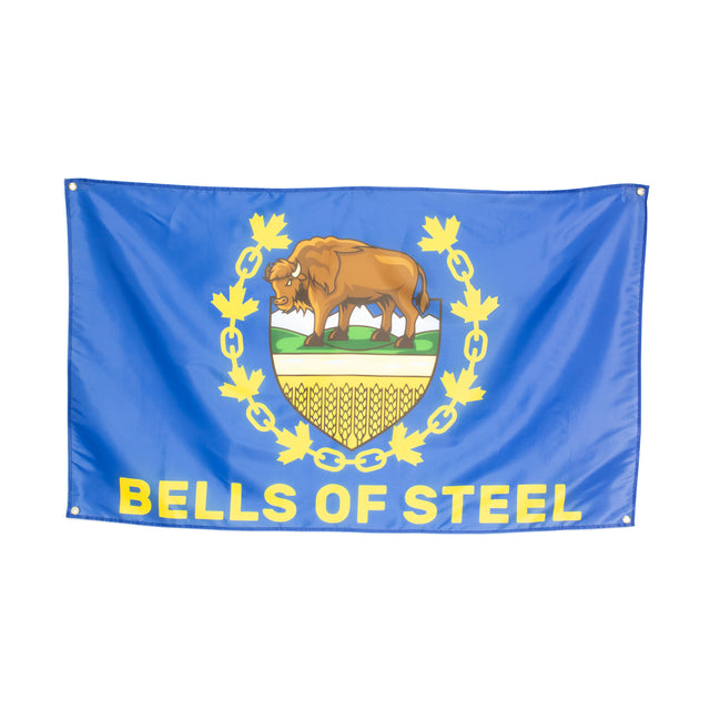 The Bells of Steel blue flag displays a bison on a crest, encircled by a yellow maple leaf chain. The bold yellow "BELLS OF STEEL" text at the bottom makes it an eye-catching addition to your home gym decor.