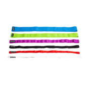 The Bells of Steel Fabric Non-Slip Resistance Bands (41") set features five colors—blue, green, purple, red, and white—ideal for enhancing mobility or intensifying powerlifting workouts.