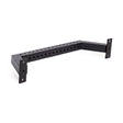 The Bells of Steel Rear Base Stabilizer is a black metal bracket with multiple central holes and mounting plates on each end, designed to support or attach to power racks with 3x3 uprights.